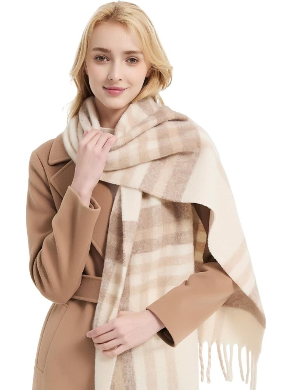 Cozy Winter Chunky Plaid Scarf - Soft Cashmere Feel Merino Wool Wrap for Women
